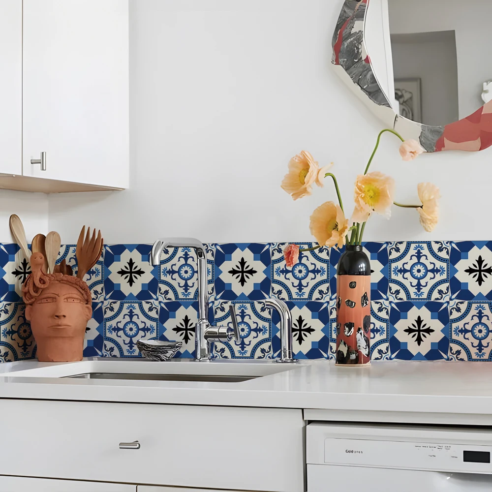 Blue Moroccan Tile for Kitchen,Peel and Stick Vinyl Backsplash Tiles Stickers,Stick on Wall Tile, Waterproof and Self-adhesive