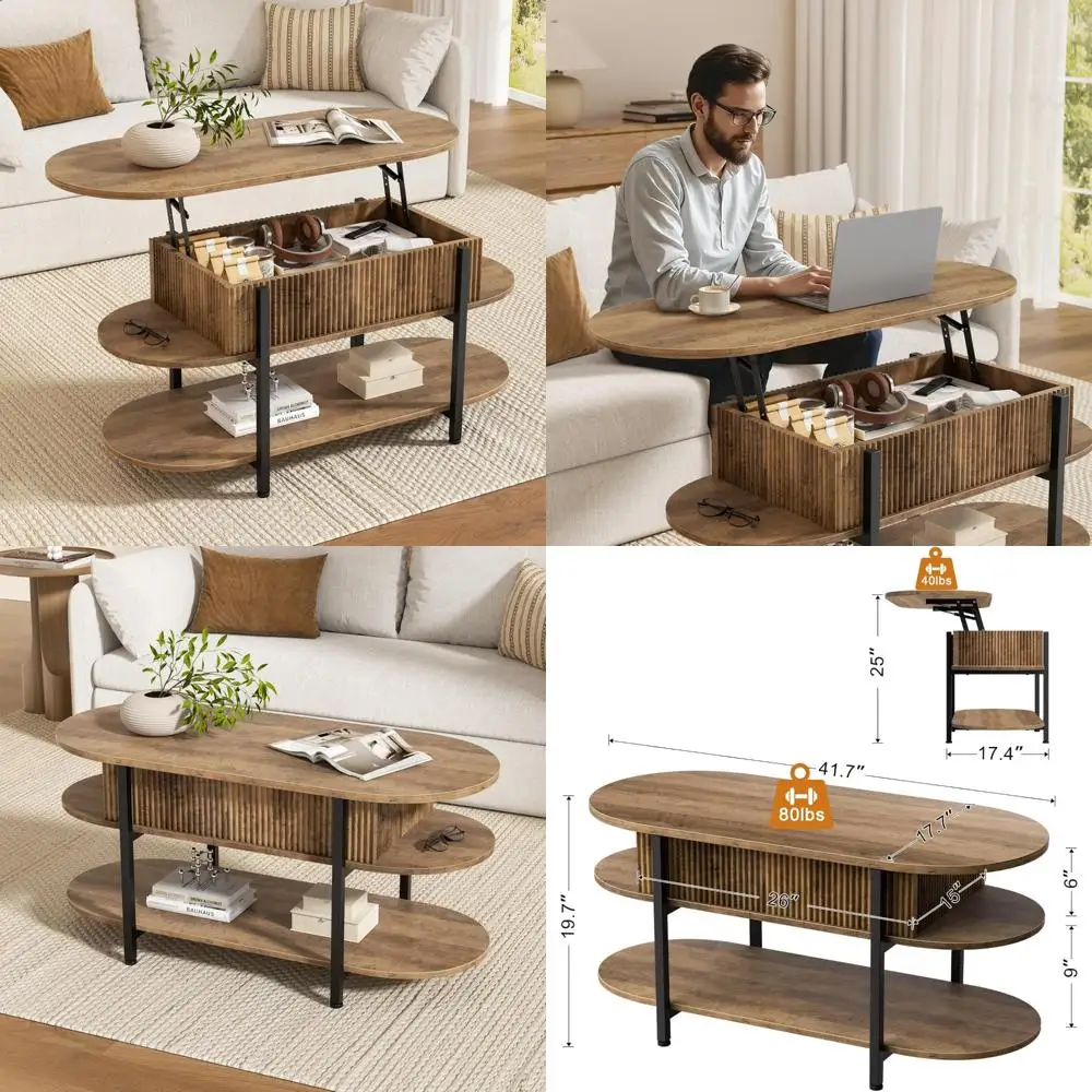 Mesa de centro oval com tampo elevatório com centro de madeira canelada e armazenamento oculto, mesas pequenas com borda curvada de 3 camadas, design moderno
