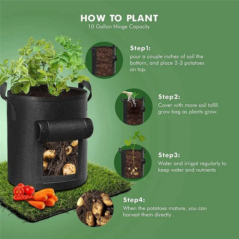 ABJN-5Packs 10 Gallon Potato Grow Bag, Heavy Duty Potato Bags For Growing Potatoes Fabric Potato Grow Bags With Flap