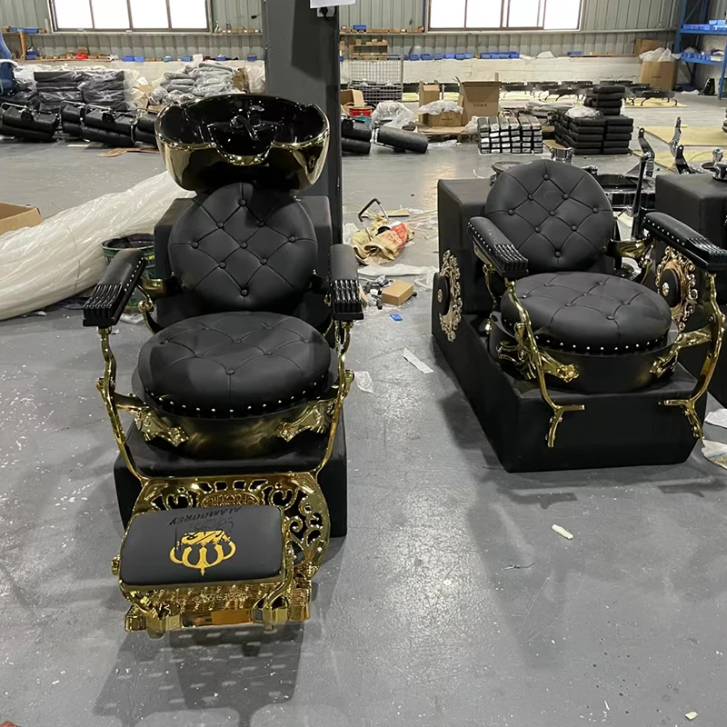 Classics Black Gold Hair Salon Shampoo Chair Bed Luxury Reclining Hair Washing Station Chairs
