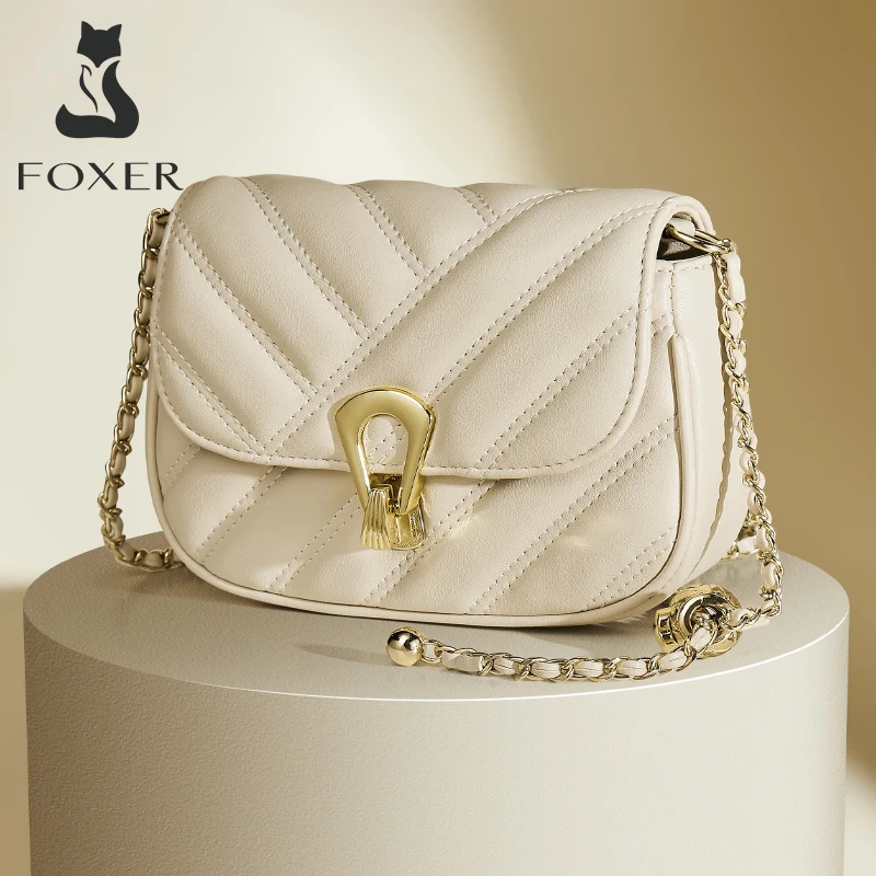 FOXER Stylish Split Leather Women Crossbody Bag Lady Simple Shoulder Bag With Adjustable Chain Strap Designer Flap Messenger Bag