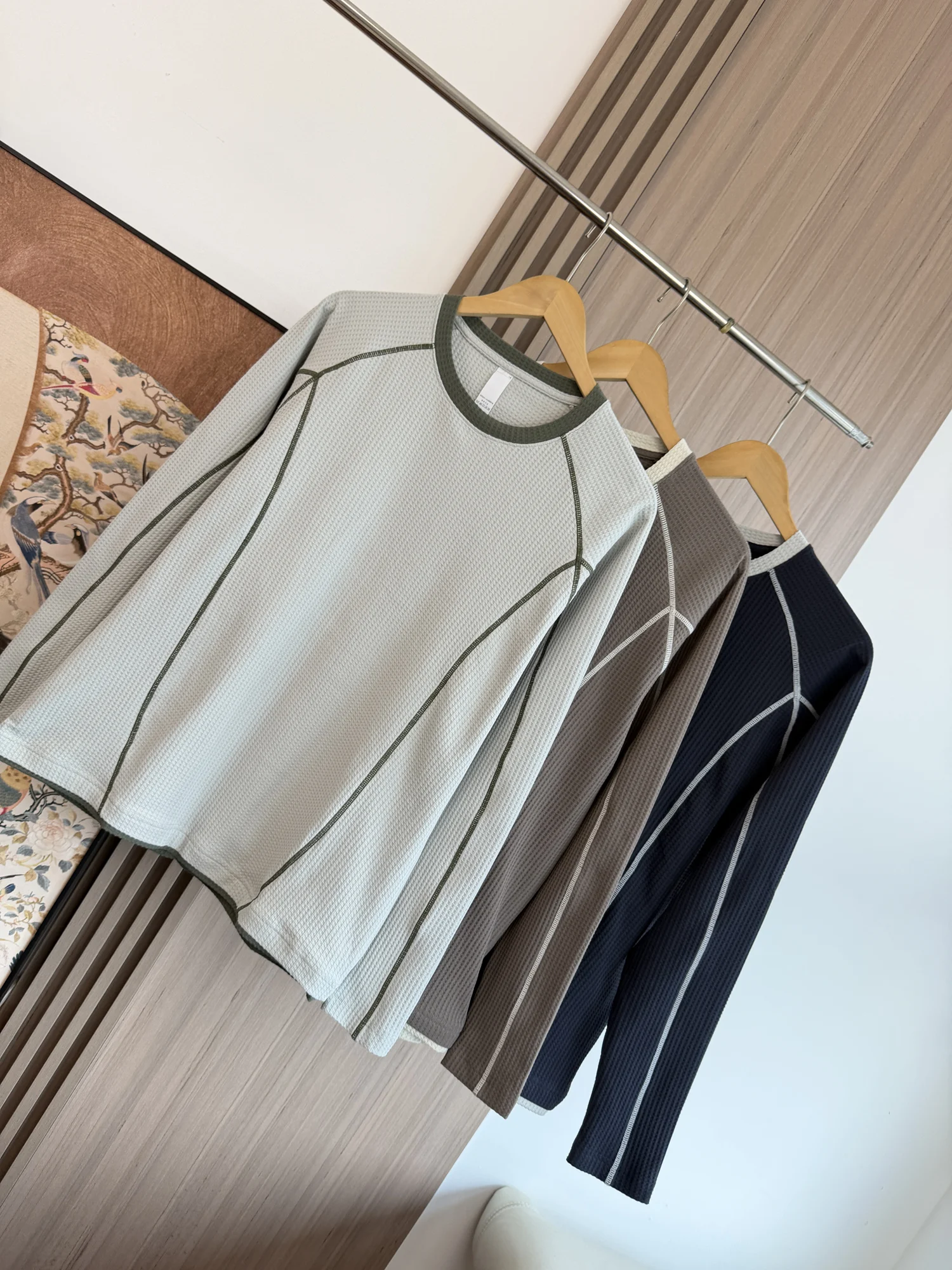 Long Casual round Neck T-Shirt Men's Autumn Season Color Block Stitching 3D Tailoring Comfortable Breathable Fashion Streetwear
