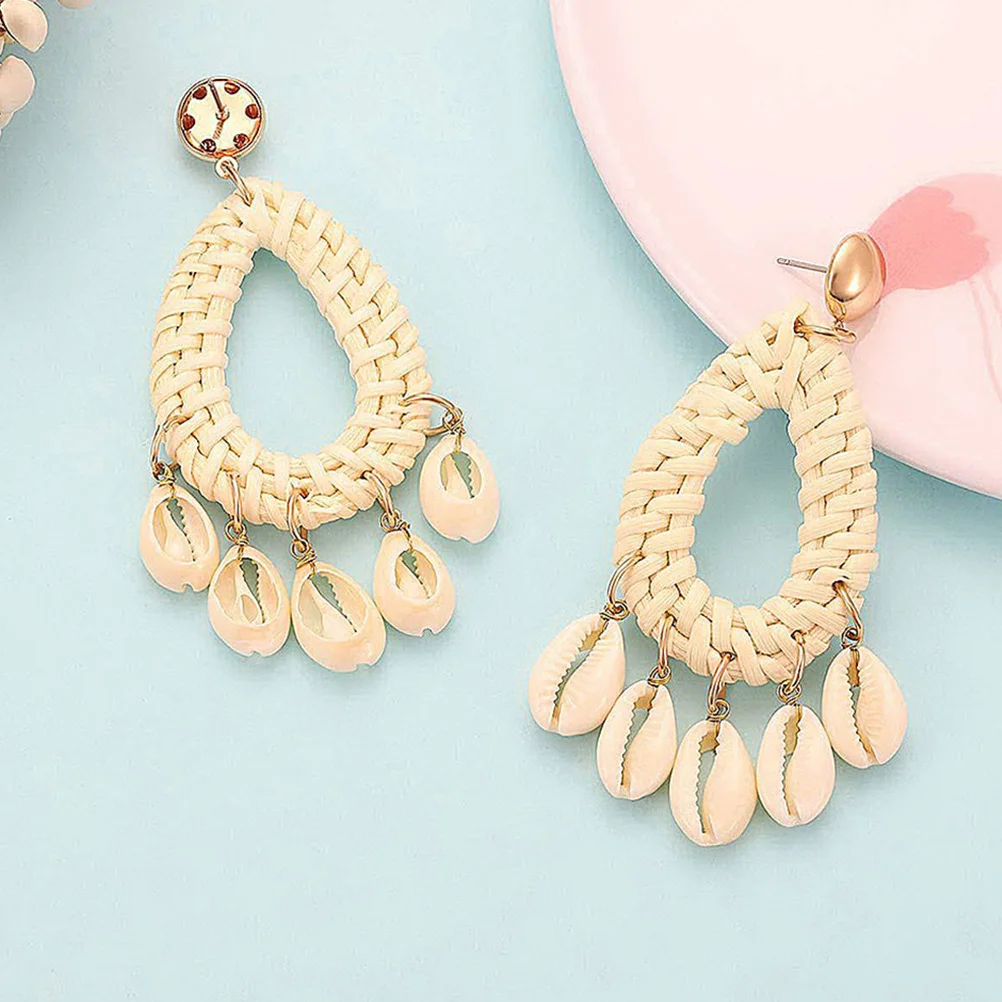 

2Pairs Handmade Boho Woven Shell Earrings Vintage Hollow Water Drop Summer Statement Dangle Earrings for Women