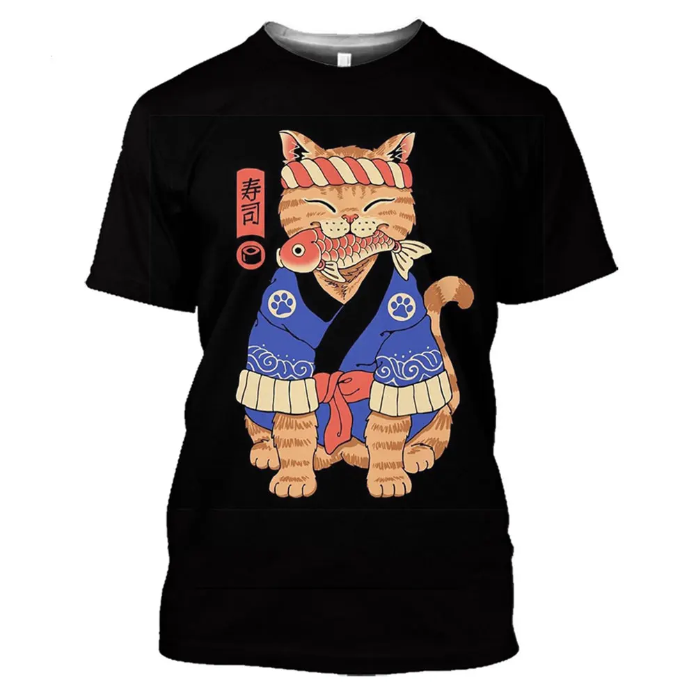 Summer new 3D Men Japanese Samurai Cat graphic t shirts Fashion Casual Personality Cool Street Style Print Short Sleeve Tees Top