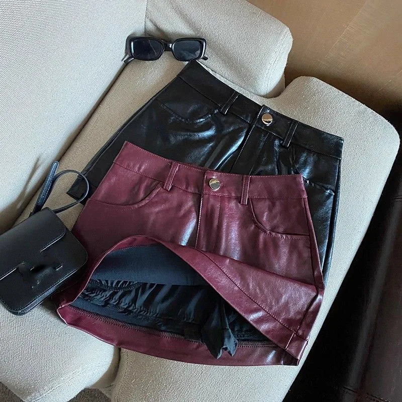 Wine Red PU Leather Skirts for Women Sexy Clubwear Hip-Wrapped Leather Mini Skirt Female Spring Autumn Anti-Glare Short Skirts
