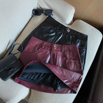 Wine Red PU Leather Skirts for Women Sexy Clubwear Hip-Wrapped Leather Mini Skirt Female Spring Autumn Anti-Glare Short Skirts