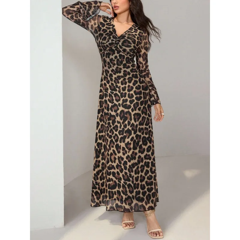 Nieuwe elegante slanke lange jurk met V-hals en luipaardprint voor dames