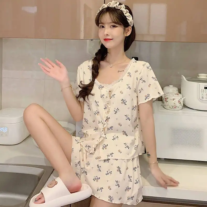 

Pajama Sets Women's New Thin Korean Cardigan Cute Floral Home Clothing 2-piece Set Pajamas Two-piece Nightgown Woman Night Sleep