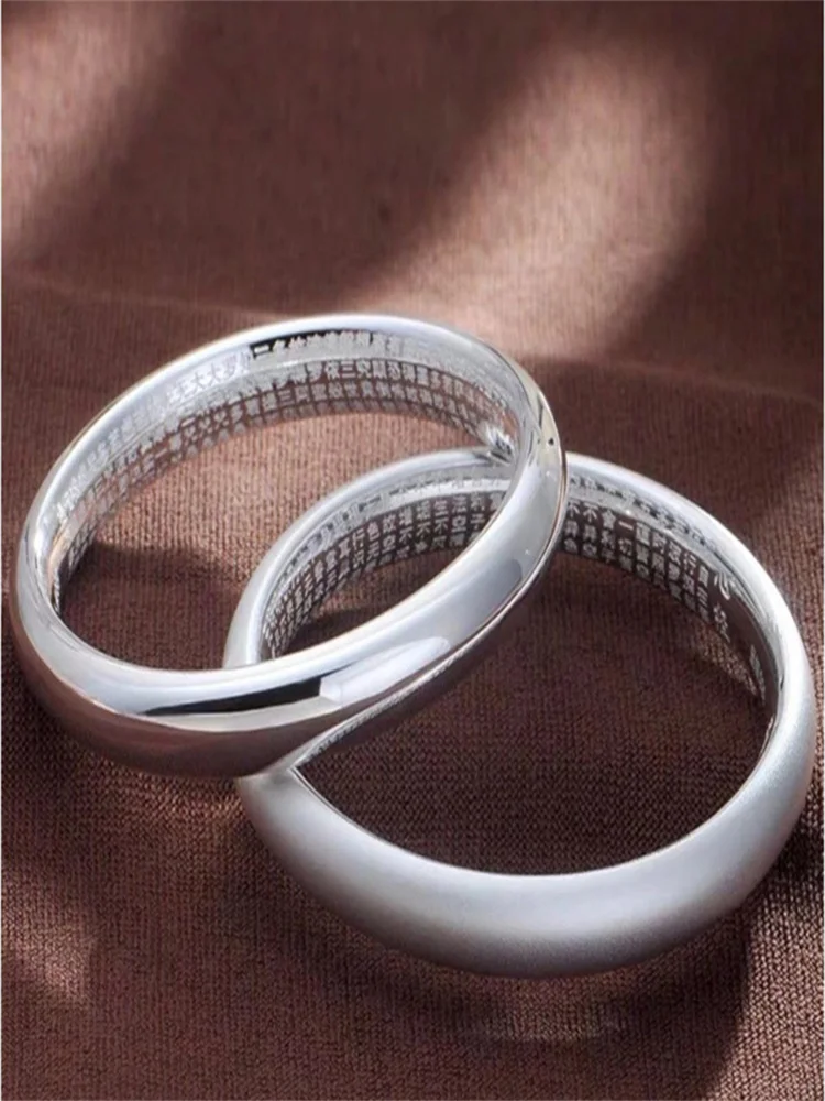 999 Sterling Silver Bangle for Men Women Couple Set Smooth Matte Cuff Bracelet Inner Engraved Heart Sutra Scripture Lucky Buddhi