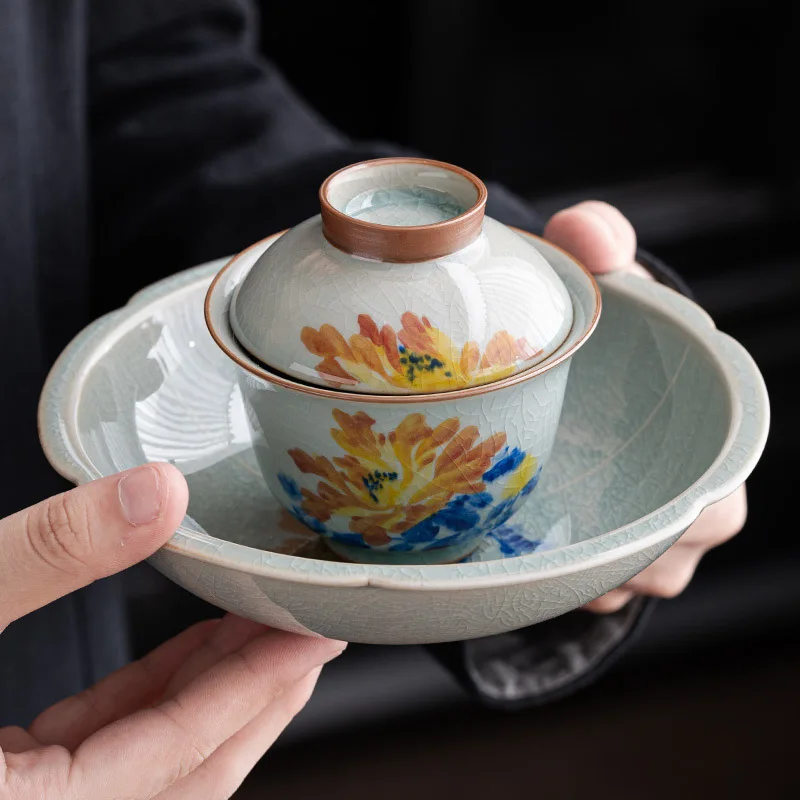 Ice Glaze Hand Painted Peony Three Cover Bowl Teacup Ceramic Household Kung Fu Tea Set Small Tea Bowl With Cover Is Not Hot