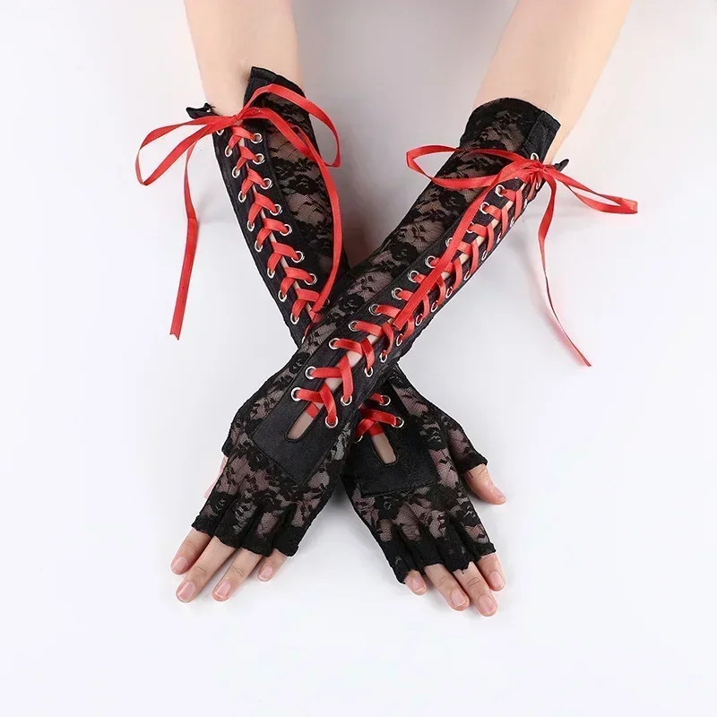 Frauen Sexy Floral Spitze Ellenbogen Länge Halbfinger Handschuhe Schwarz String Band Krawatten Up Dance Party Fingerlose Fishnet Mesh Fäustlinge