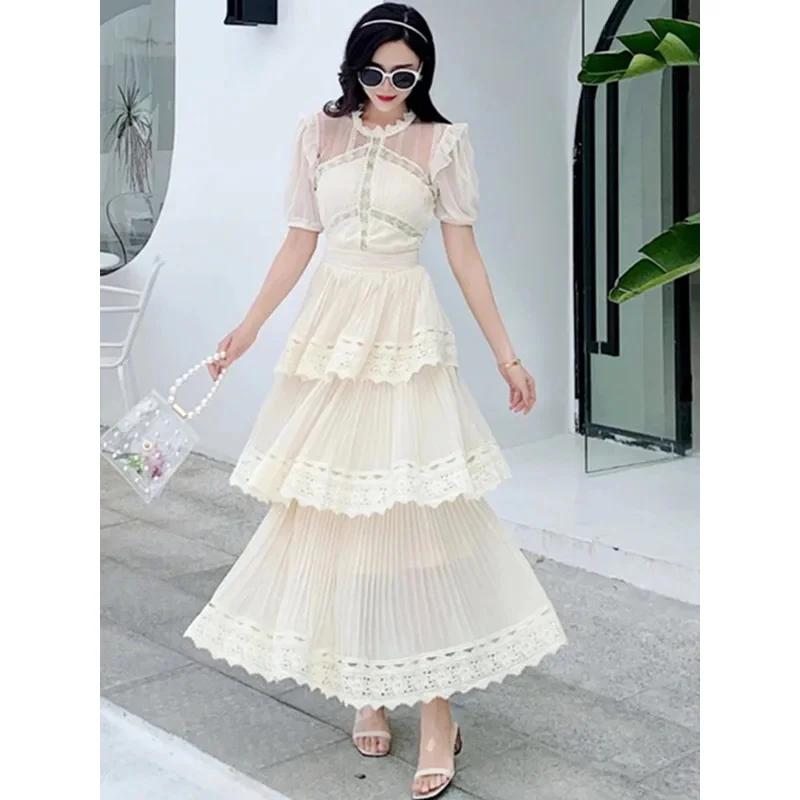 2024 new arrival beige lace long dress high quality luxury design runway dress short sleeve ruffle summer dresses vestidos