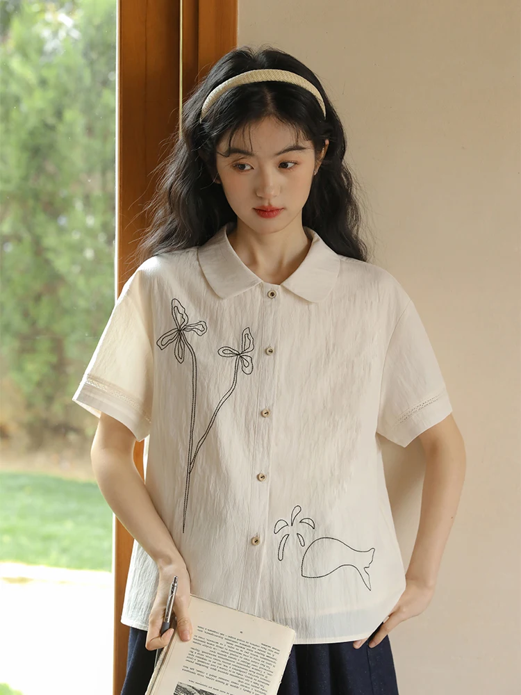 

Женская рубашка Nesoulum с коротким рукавом и вышивкой, свободного кроя, с отложным воротником, летняя модная повседневная блузка в стиле ретро