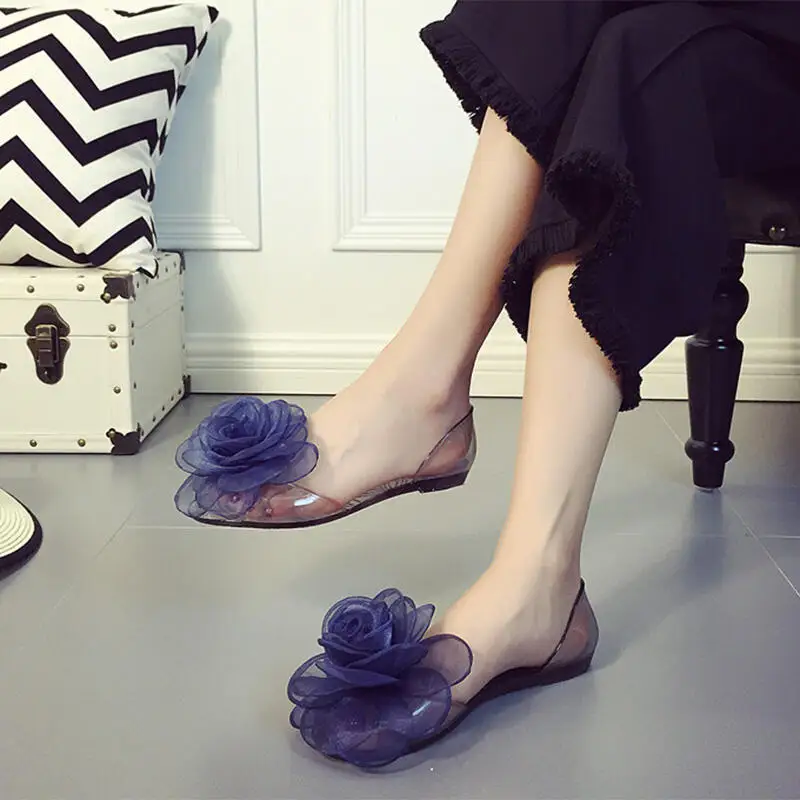 Elegante Koreanische Chiffon-Blumen-Jelly-Schuhe für Damen 2026 Sommer Mode Transparente Kristall-Outdoor-Flachsandalen zum Hineinschlüpfen Größe 35-41 – Detail 8