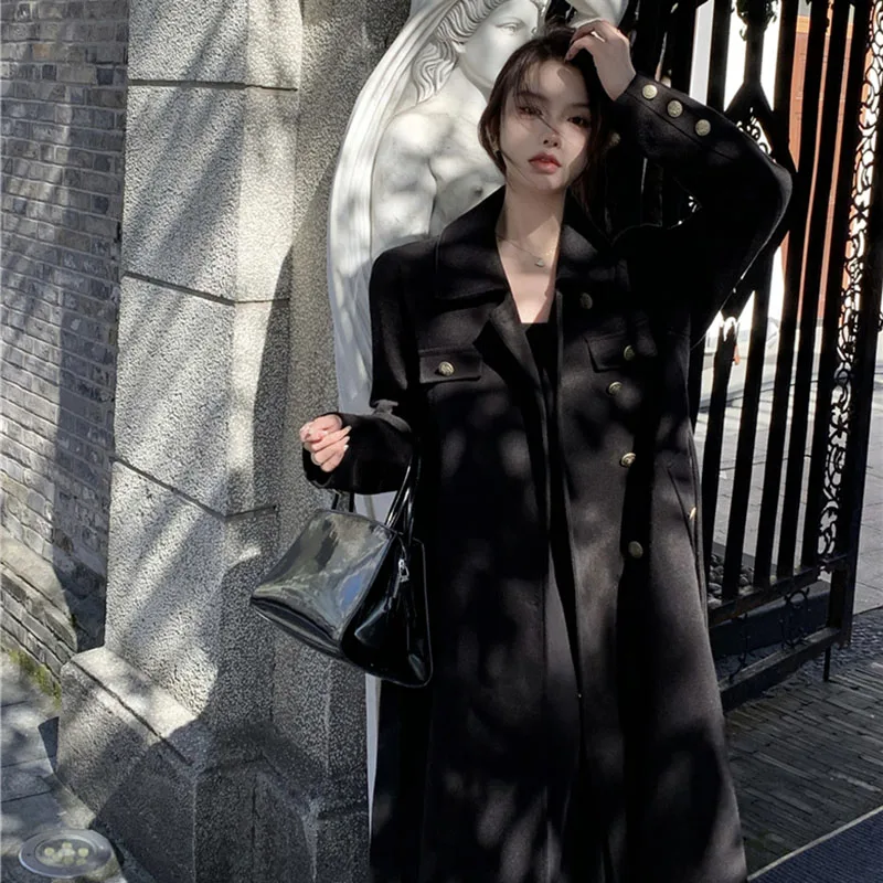 Retro Wool Coat Women's 2024 Spring Autumn New High-Quality Temperament Black Long Woolen Jacket Korean Fashion Luxury Outerwear