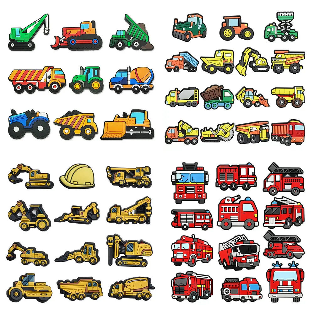 9-12Pcs Fire Truck Shoe Charms Engineering Vehicles Clogs Sandals Decoration Shoes Accessories Buckle for Kids Friends Gift
