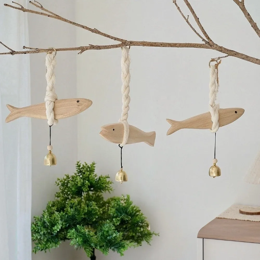 Campana de Puerta de Madera con Forma de Pez Hecha a Mano, Decoración Rústica Ligera para Pared, Colgador de Pared con Forma de Pez Tallado a Mano para Dormitorio