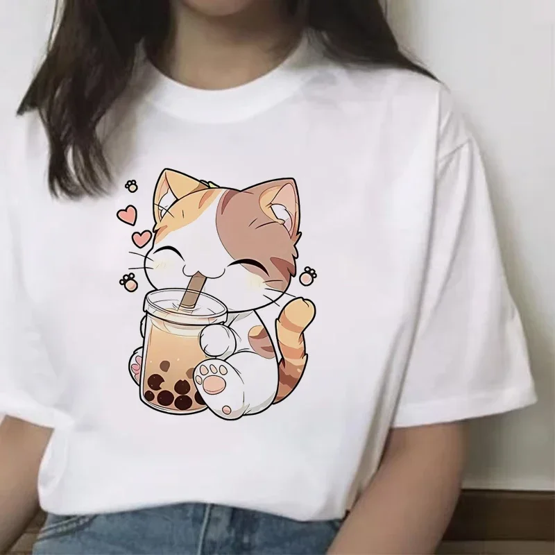 

Women T Shirt Cute Cat Holding A Milk Tea Drink Small Heart Print Short Sleeve T-shirt Fresh Stylish Casual Round Neck Clothing