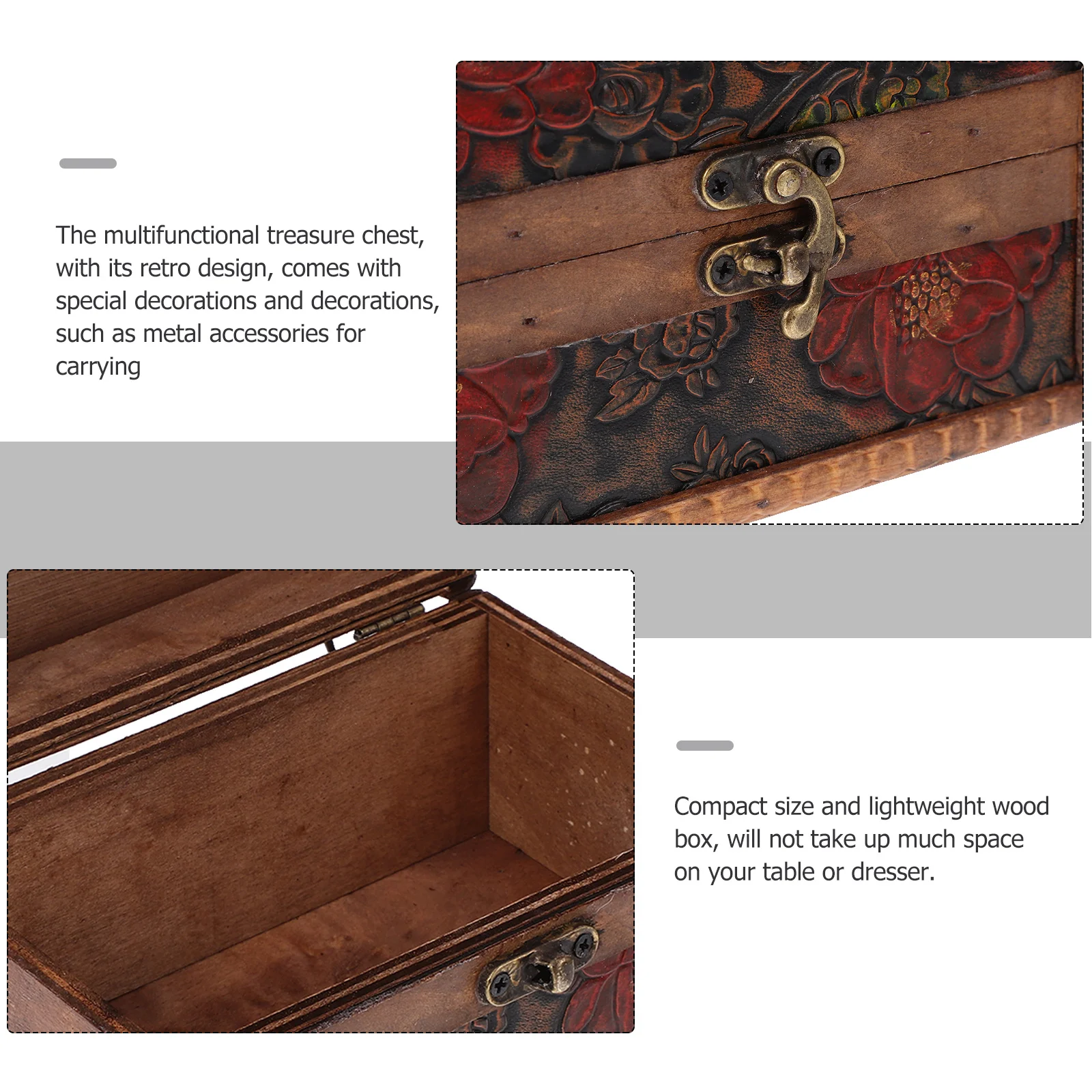 

Wooden Treasure Chest Jewelry Box Flower Carved Latch Handle Retro Design Appearance Rings Earrings Necklaces Storage