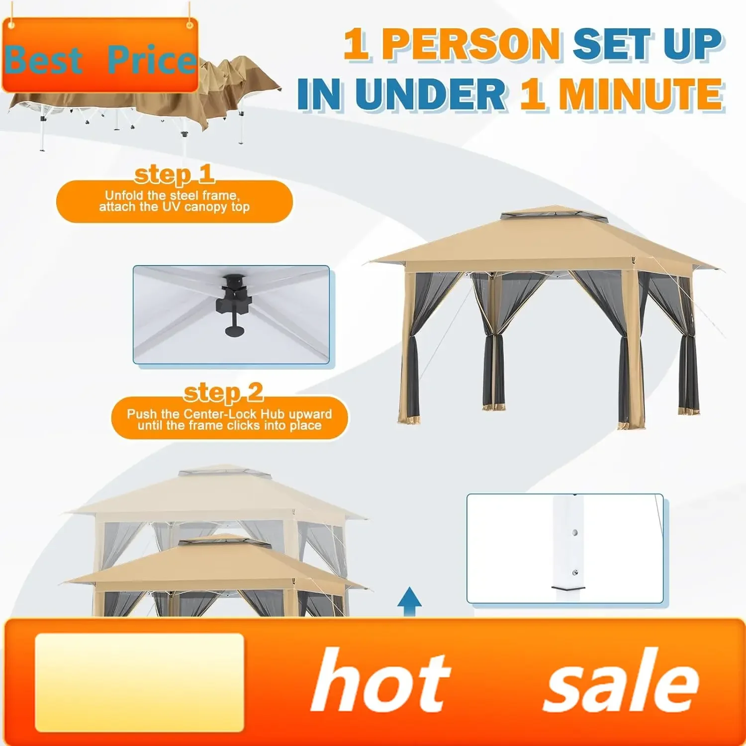 Pop Up Gazebo, Canopy Tent Instant Shelter Party Tent with Mosquito Nettings, Carrying Roller Bag Waterproof and UV Resistant fo