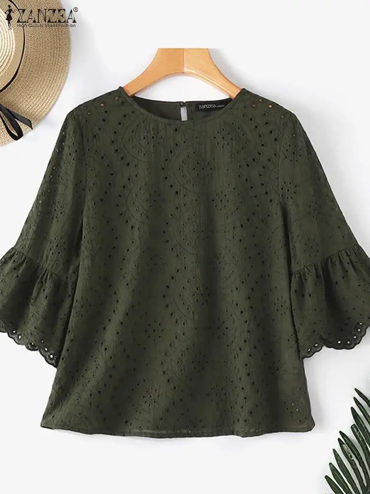 ZANZEA Elegant 3/4 Ruffle Sleeve Blusa Women Hollow Out Lace Patchwork Solid Color Loose Tops 2024 Summer Casual Everyday Blouse