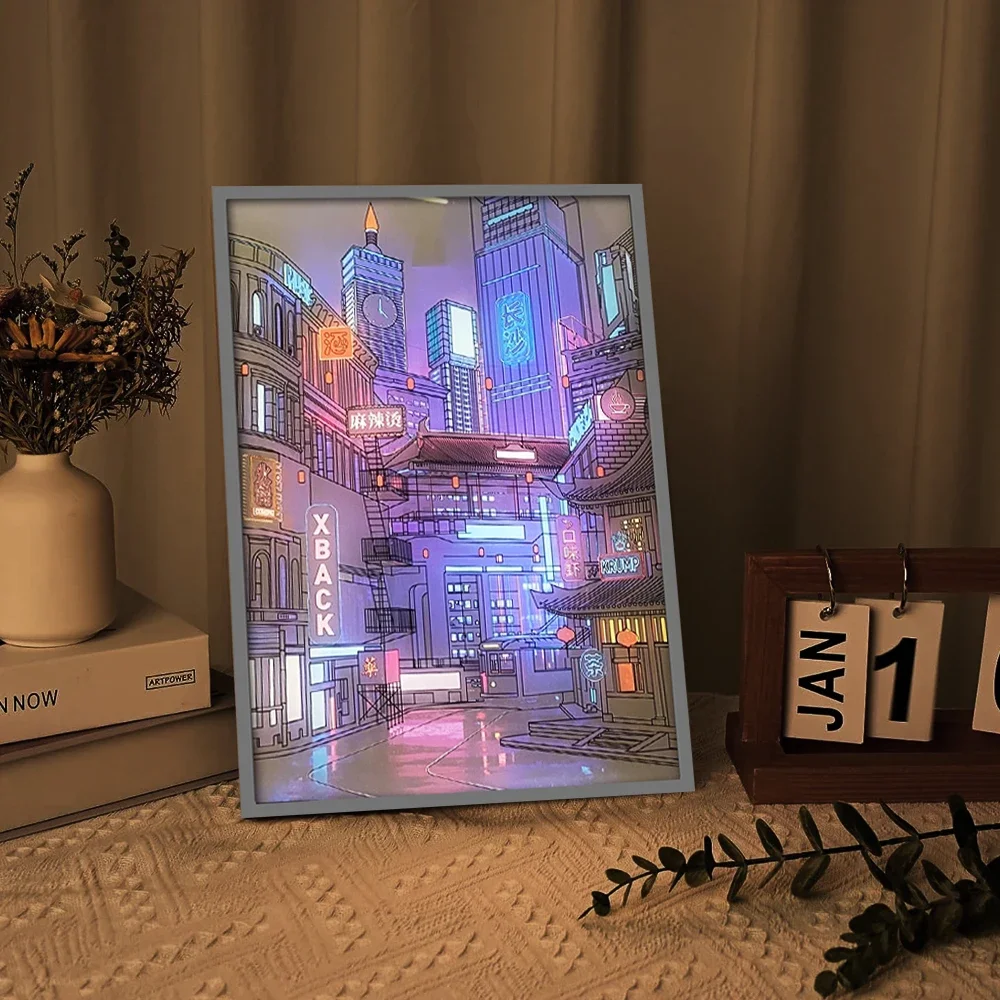 Lámpara LED con enchufe USB para decoración del hogar, luz de atenuación romántica de Anime para el hogar, hermosa vista nocturna de la ciudad, pintura HD, imagen de bisel estrecho