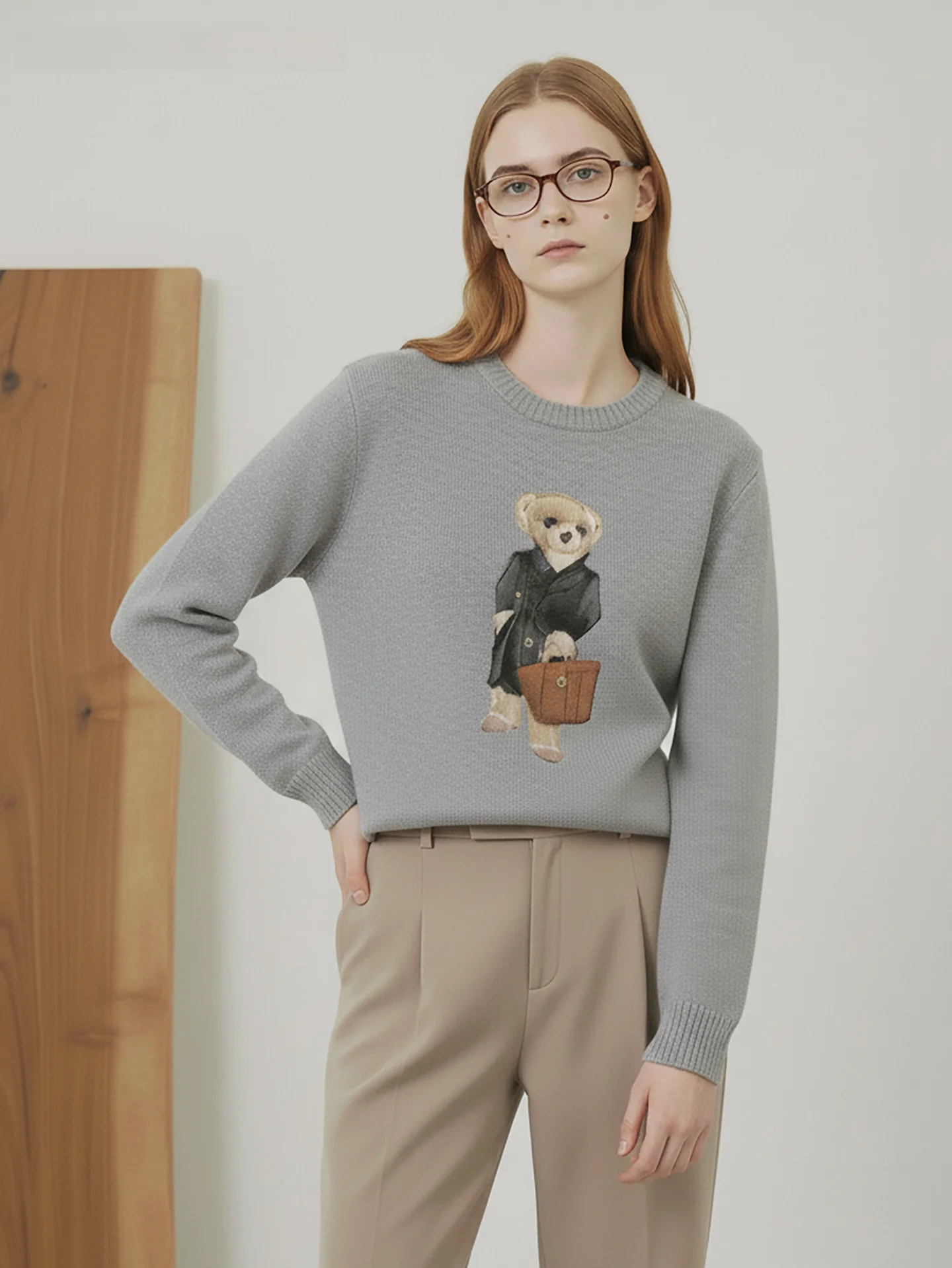 

3D Bear Embroidery Woolen Knitted Sweater round Ne Women's Faion Retro Sle Inner Wear Top Soft Long Sve Winter irt