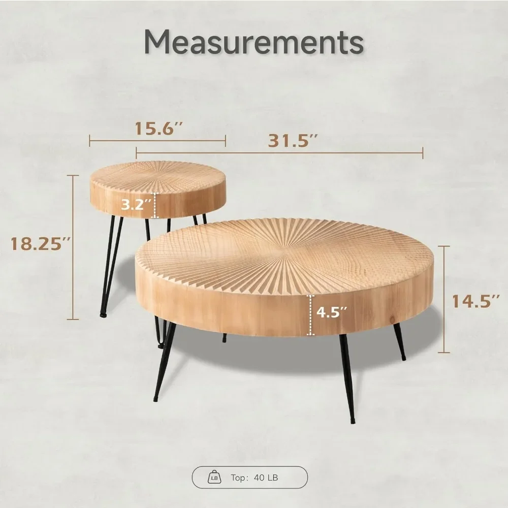 2-teilige moderne Bauernhaus-Kaffeestischsets mit rundem, natürlichem Finish und handgefertigtem Holz-Radialmuster für das Wohnzimmer