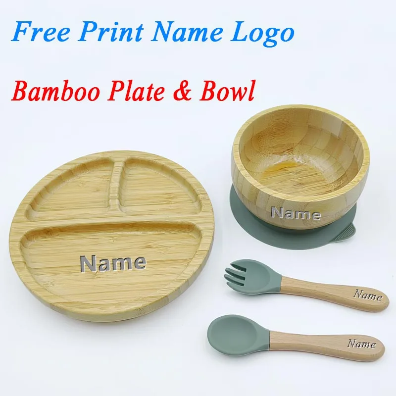 Baby Bamboo Feeding Plate Bowl Personalized Name Baby Feeding Set Kids Supplie Bamboo Dinnerware Silicone Tableware Newborn Gift