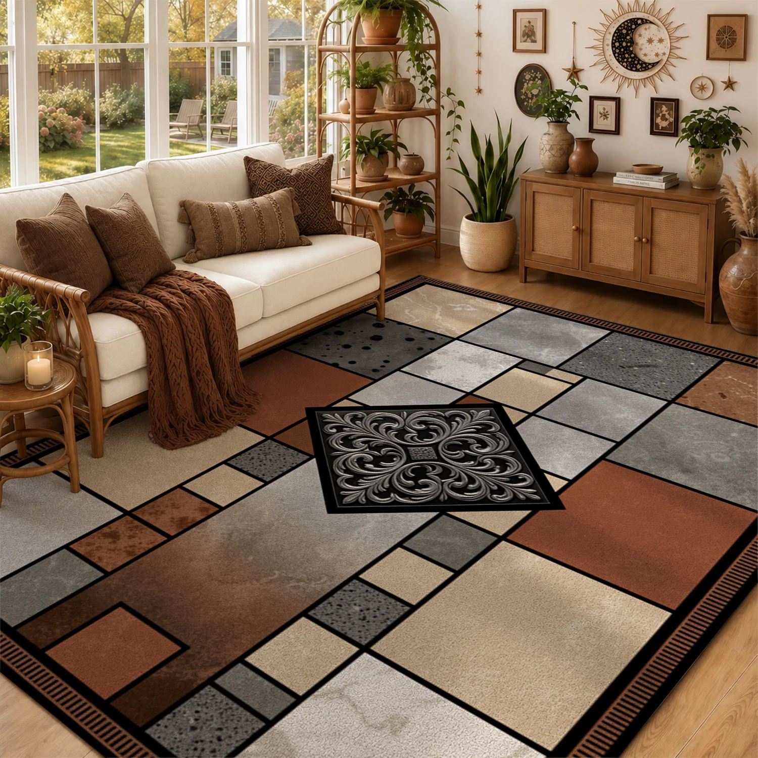 Geometric Marble Mosaic Ornate Silver Floral Area Rug, Soft Velvet, Machine Washable, Ideal for Living Room Dining Room Entryway, Perfect for Halloween Thanksgiving Christmas New Year Black Friday Cyber Monday Decor