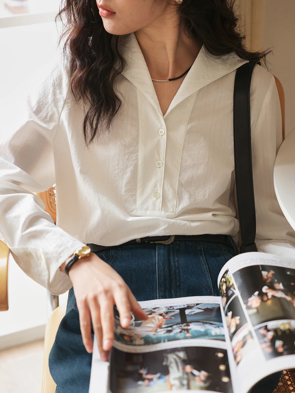 

Женская хлопковая повседневная рубашка Solighter с длинным рукавом, воротником-матроской и V-образным вырезом, классическая, приталенная, весна 2025