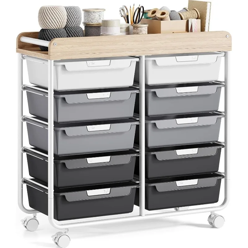

Storage Cart with 10 Large Drawers, Utility Cart with Wooden TableTop for Craft Organizers, Art Supply Storage, Home Off