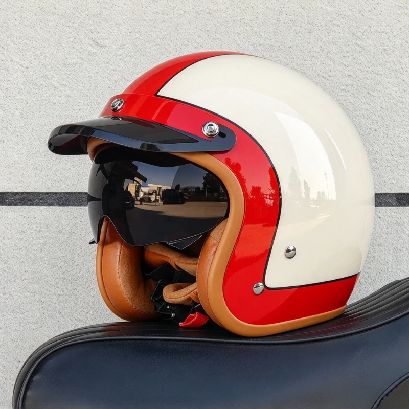 Sculpted Compact 3/4 Open Face Motorcycle Helmet Built-In Smoky Inner Sun Visor Luxury Vintage Jet Helmet Hand-Finished Shell