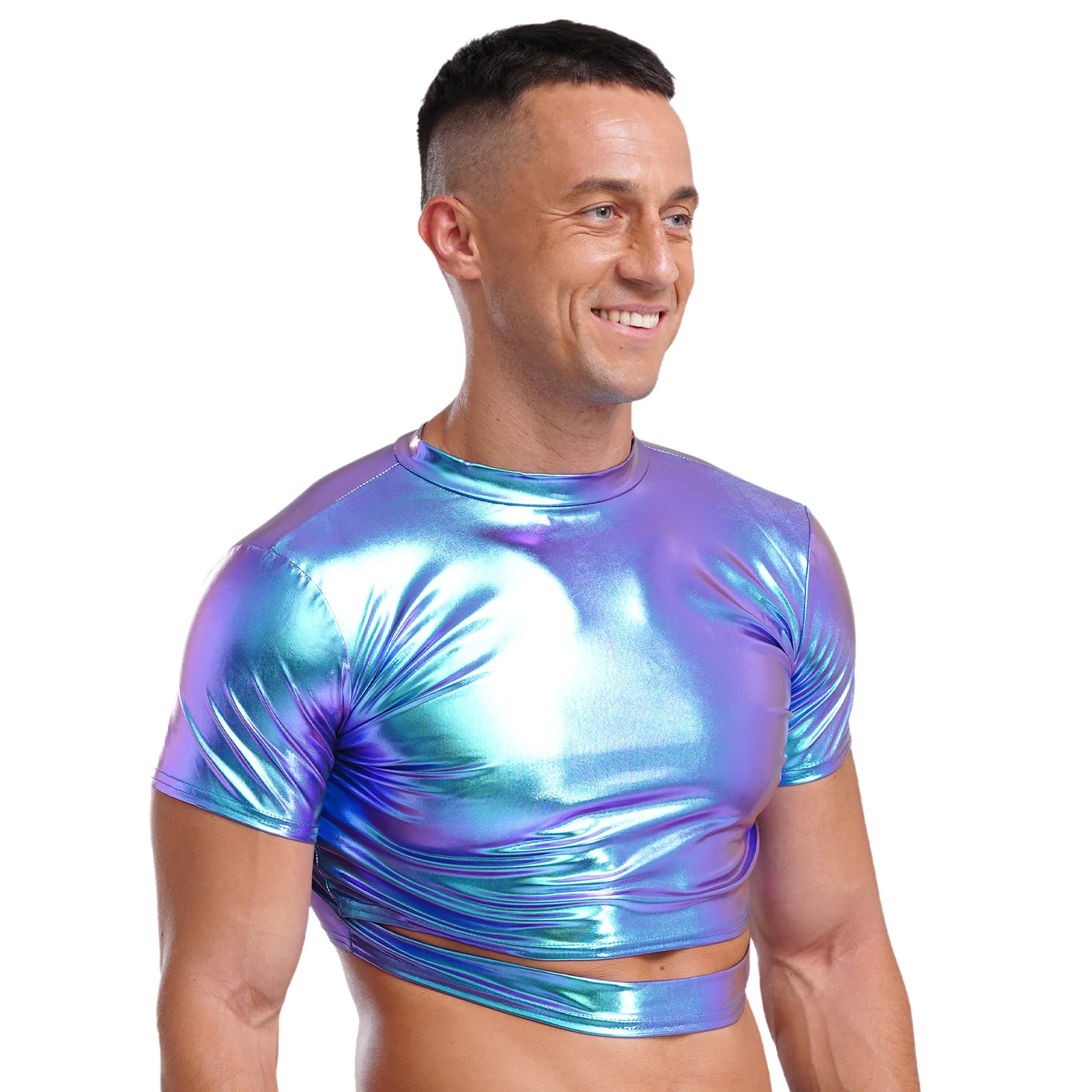 Mens Metallic Shiny Crop Top Mock Neck Short Sleeve Cut Out Bodycon Shirts Fashion Blouses for Jazz Dancing Disco Party Clubwear