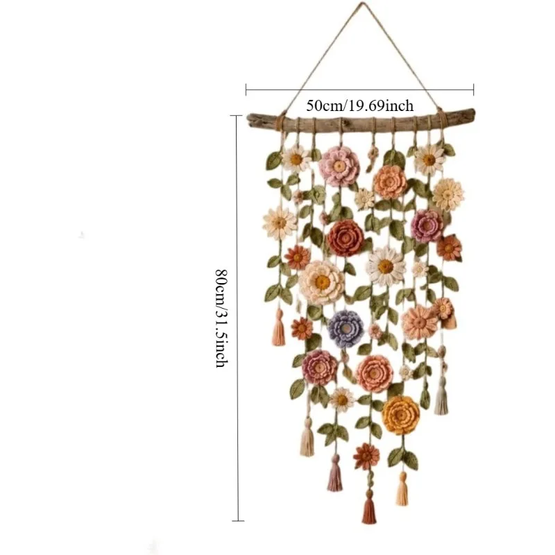 Boho Handmade Cotton Crochet Macrame Wall Hanging Floral Design Indoor Porch Wall Decor Natural Linen Look Mellow Home Ambiance