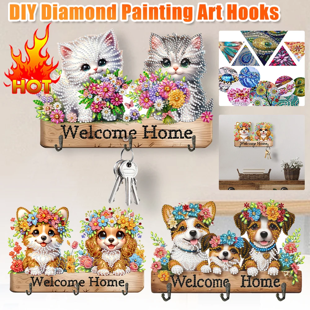 

5D DIY Rhinestone Art Hooks Dog Flower Cat Flower Dogs Wooden Hooks Rhinestone Hook Rail for Home Office Decor