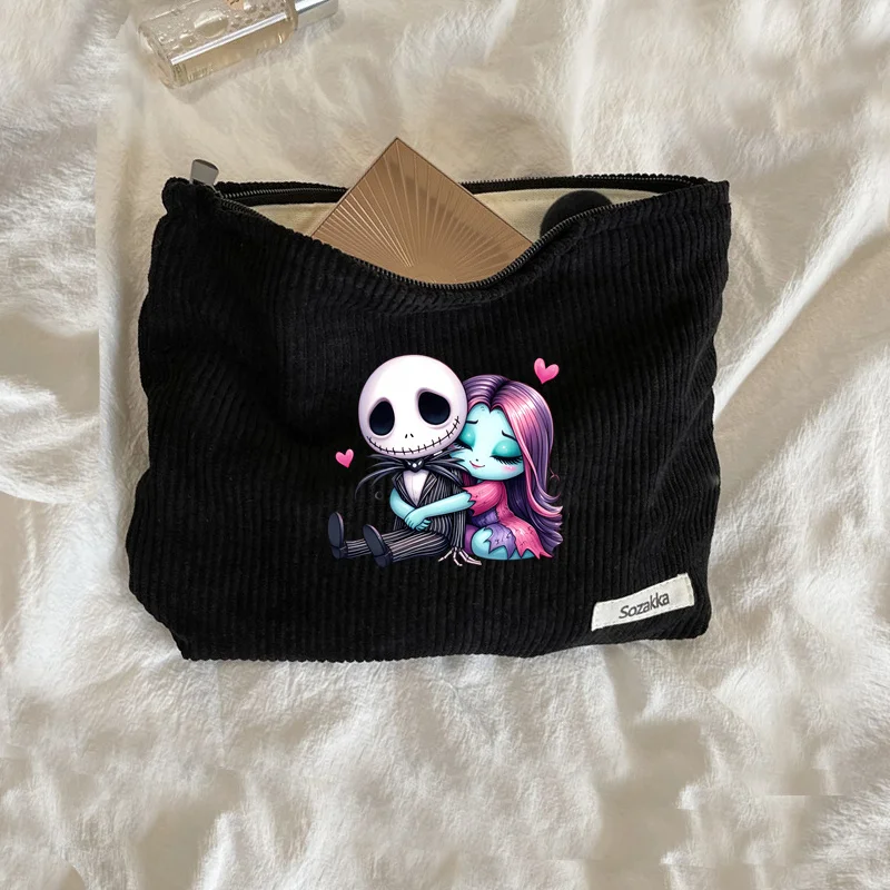 Cute Disney\'s The Nightmare Before Christmas Jack Sally Corduroy Women\'s Cosmetic Bag Travel Makeup Bag Women\'s Causal Organizer