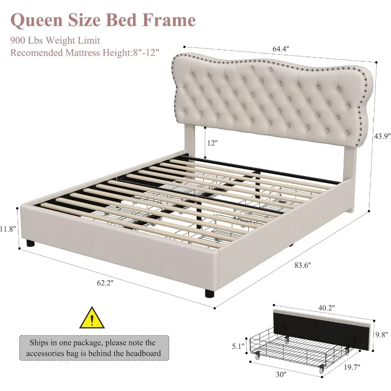 King Size Queen Bed Frame with 4 Storage Drawers, Upholstered Platform Frame with Button Tufted Headboard