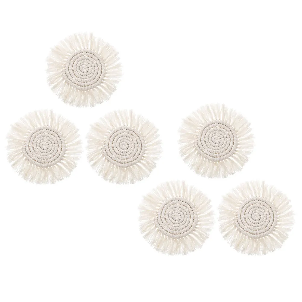 

6pcs Cotton Placemats Set Tassel Woven Coasters Absorbent Desk Mat Heat Insulated Pad for Tableware Nordic Beige