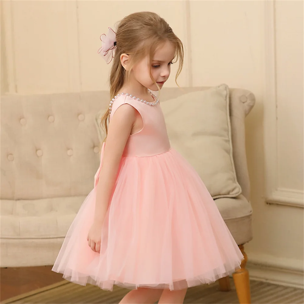 Toddler Girl Flower Birthday Tulle Dress Backless Bow Wedding Gown Kids Party Wear Princess Blue Dress Baby Girl Bowknot Dresses