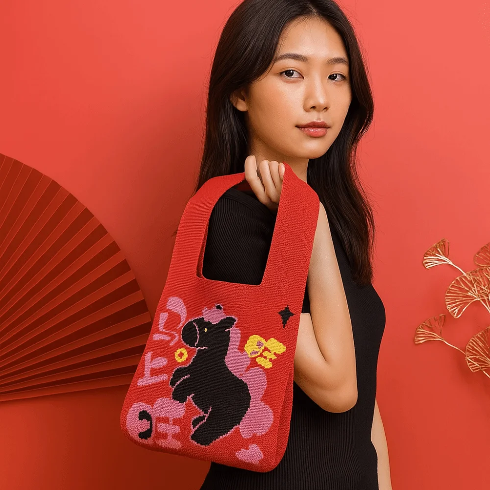 Cute 2026 Year of the Horse Horse Knot Wrist Bag Weave Chinese style Tote Bag Handmade Reusable New Year Knitted Bag Student