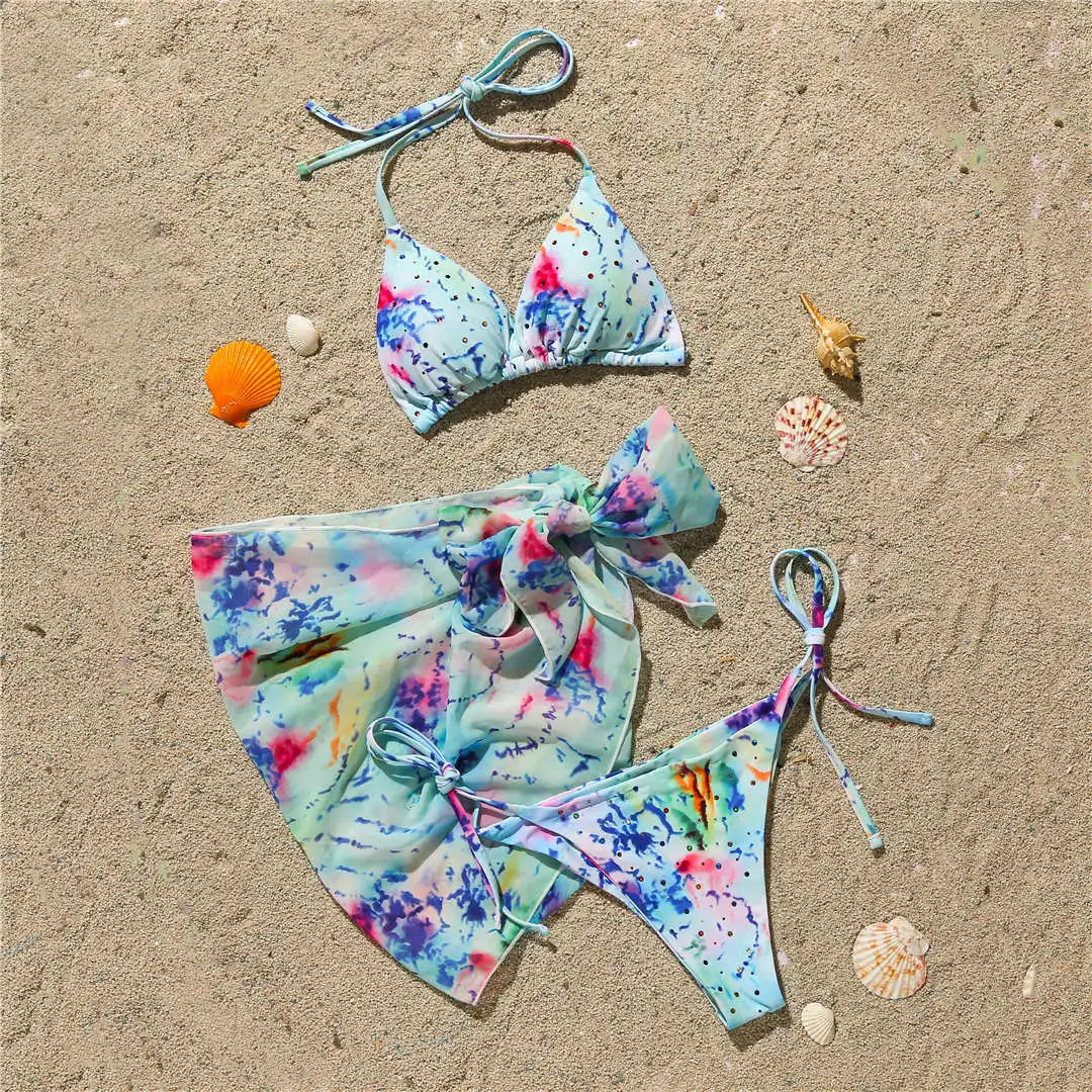 Neuer sexy Bikini mit Strasssteinen, Damen-Badebekleidung, dreiteiliges Bikini-Set mit Sarong, Badeanzug, Badebekleidung, Modell V2538 – Detail 10