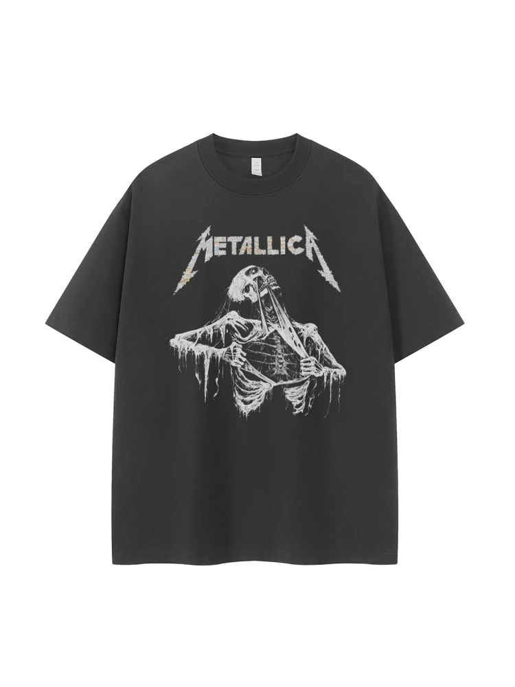 Retro American Street Dark Skeleton Design Rock Music Metal Band Short Sleeve T-Shirt Urban Fashion Breathable Cotton Casual Top