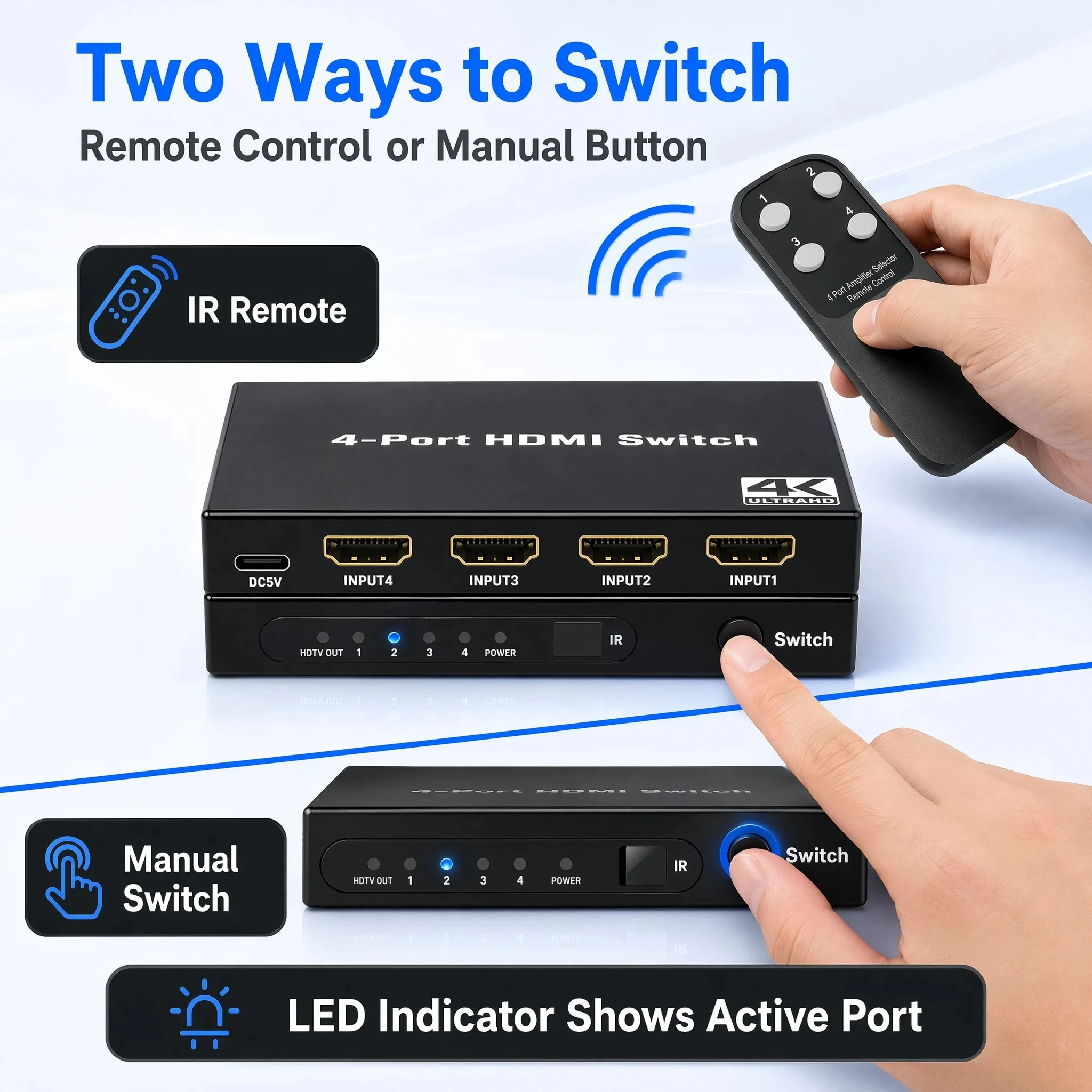 4 Port HD Switch 4K 30Hz with Remote Control 10.2Gbps High Speed HDTV Selector Splitter for PS5 Xbox Blu-ray PC TV