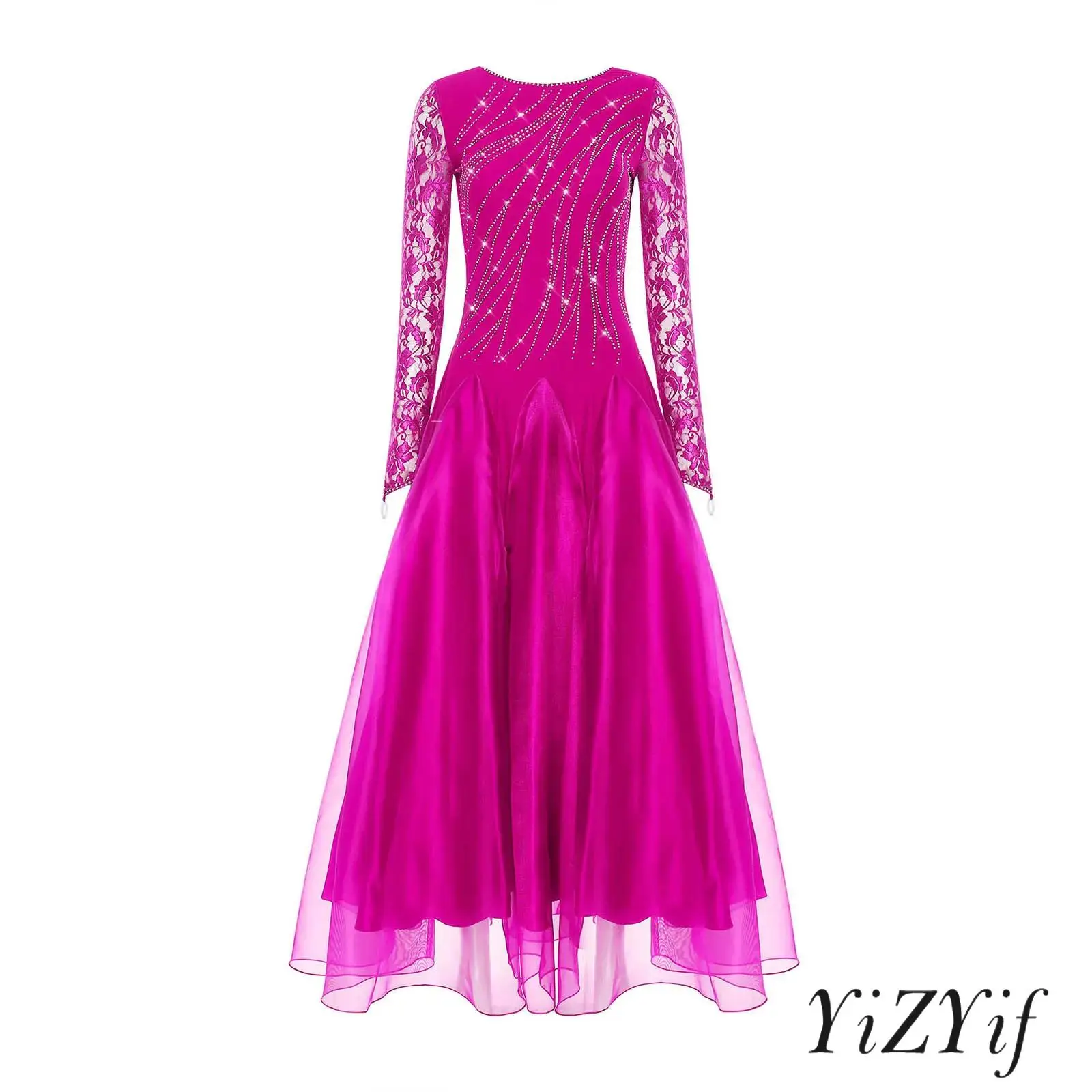 

Womens Glittering Waltz Performance Gown with Finger Hole Sleeves V-Back Ankle-Length Waltz Dress for Modern Dance Photo Shoots