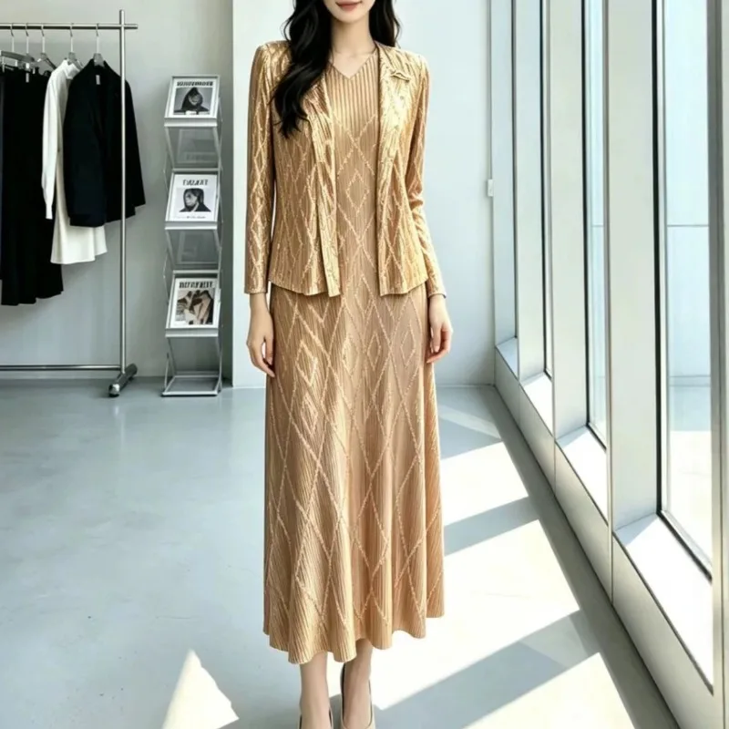 Miyake Dress Set Women 2026 Plisse Autumn Plus Size Quilted Fold Short Lapel Cardigan+Matching Long Skirt Pleats 2-Piece Set