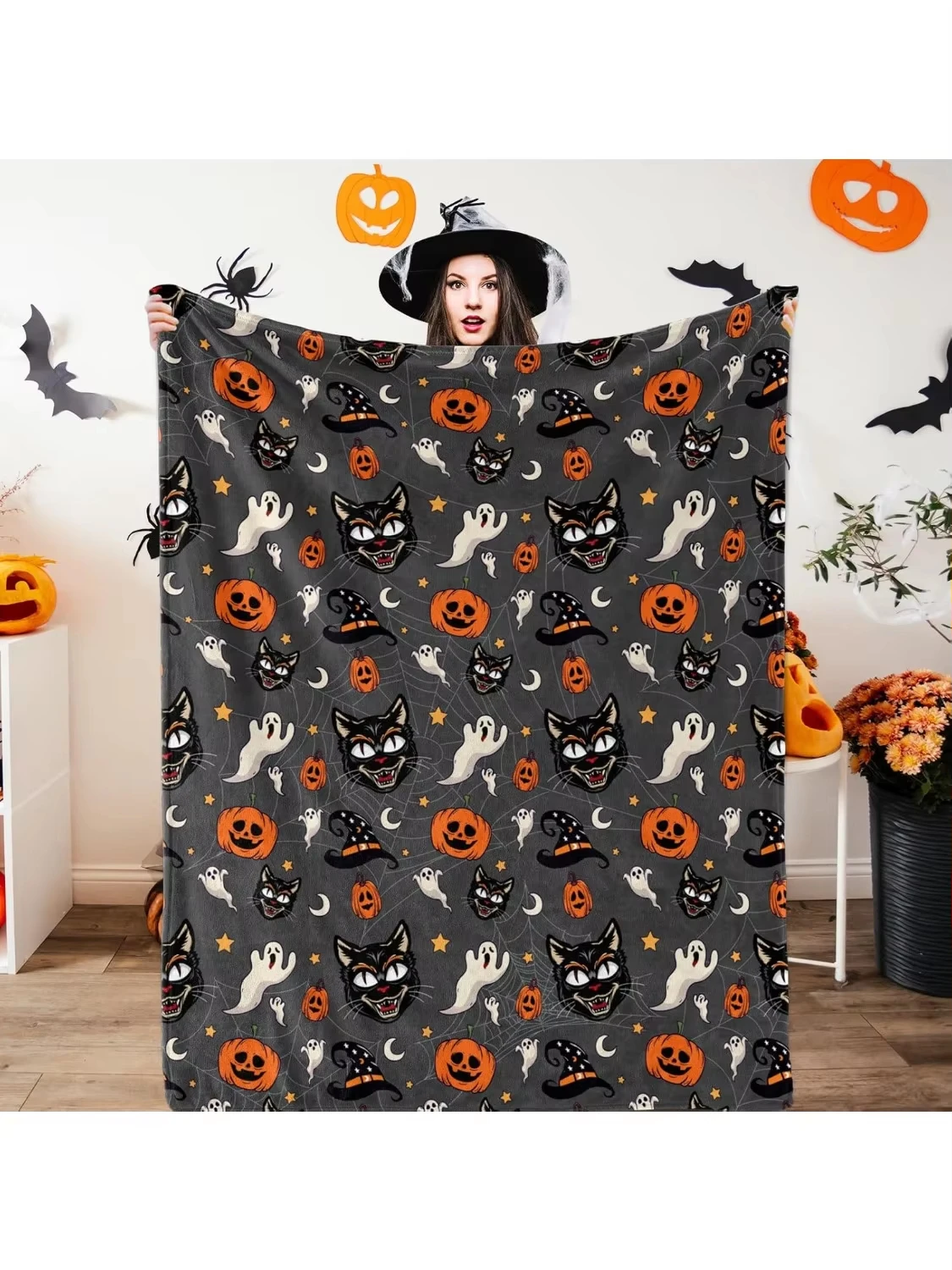 2026 New Arrival Halloween Flannel Blanket Spooky Castle Flying Witch Pumpkin Night Scene Pattern Home Throw Cover kids