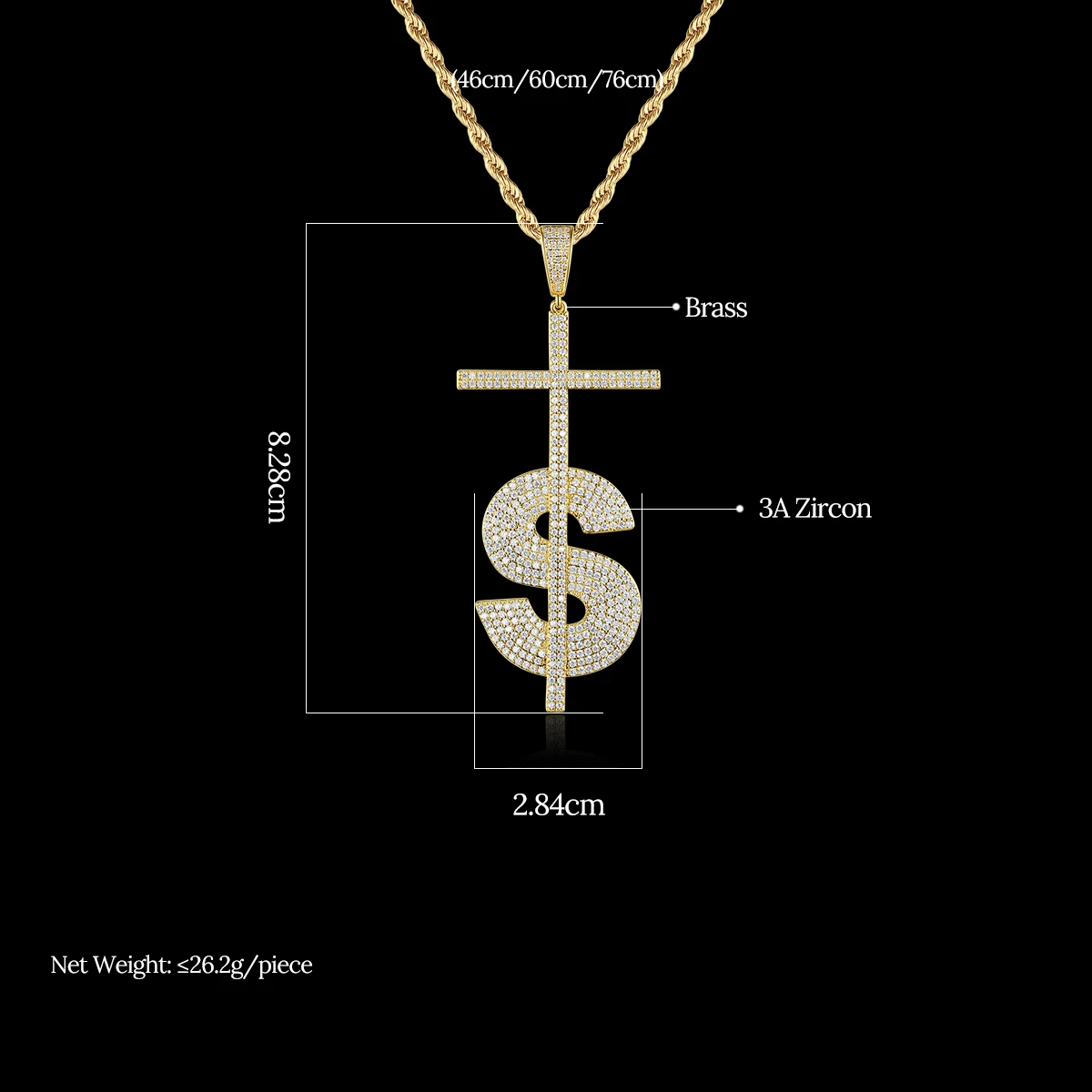 JINSE Hip Hop CZ Rope Chains Letter Money Sign Pendant Necklaces Full AAA Zircon Stone High Quality Men Male Party Jewelry