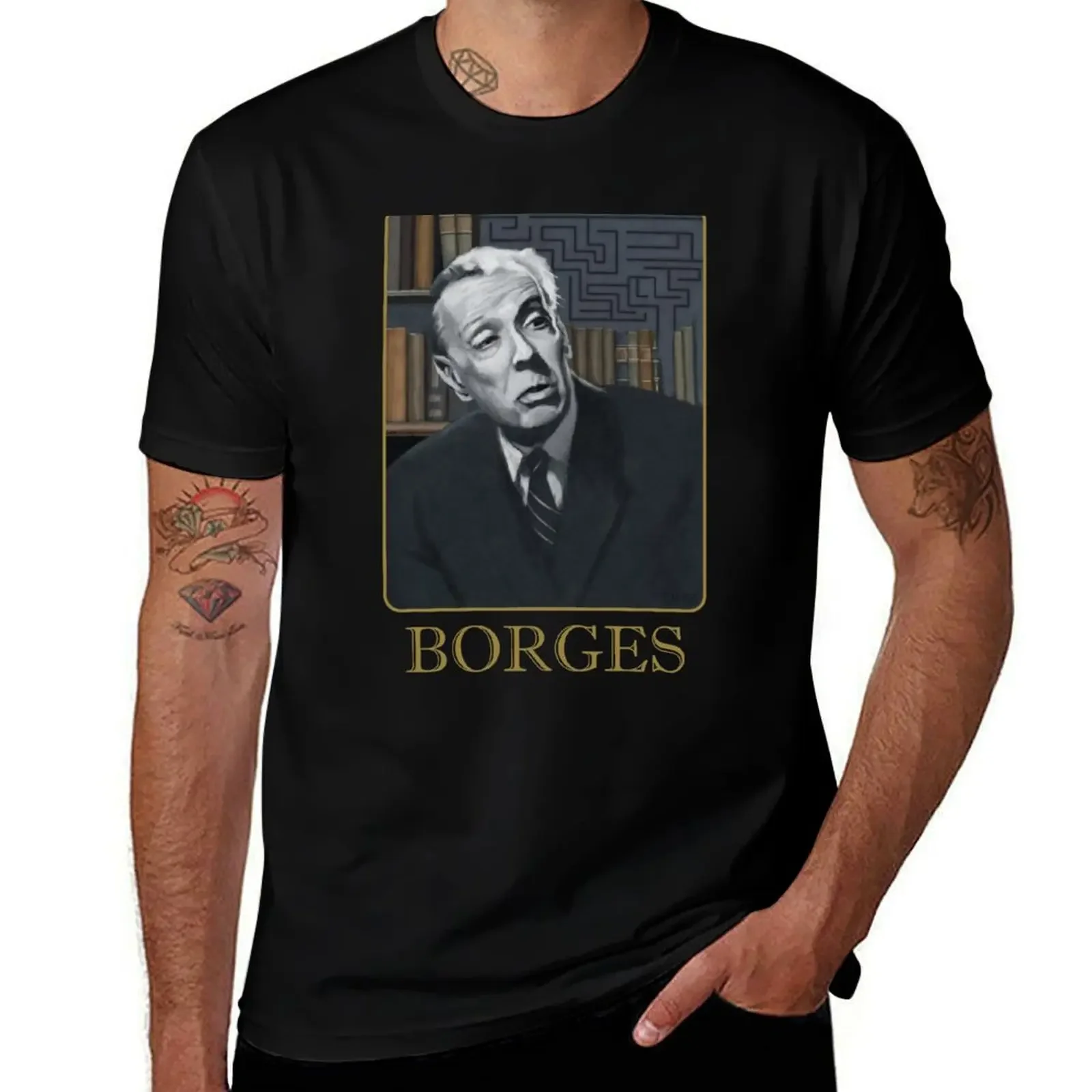 Jorge Luis Borges Portrait Painting T-Shirt cheap stuff valentines boutique clothes T-shirts for men cotton