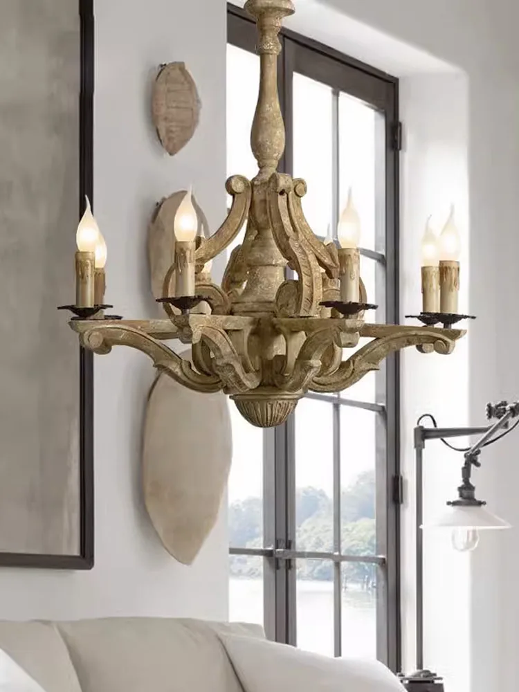 American Country Retro French Wooden Chandelier Mediterranean European Style Old Wrought Iron Candle Living Room Lamp